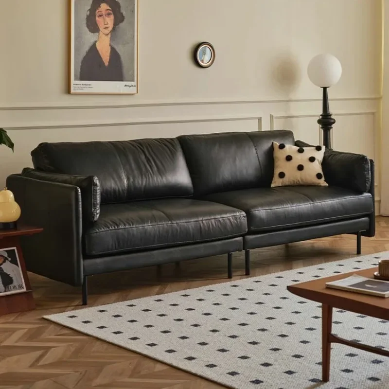 

Living room first layer cowhide straight row three people minimalist retro oil wax leather medieval leather sofa