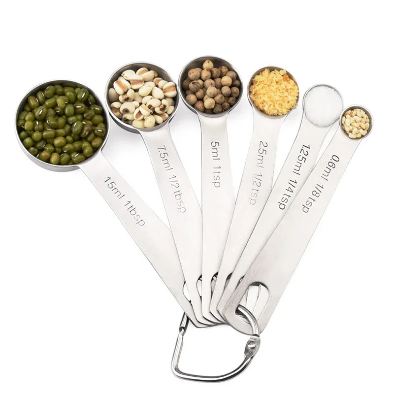 Measuring Spoons Cups Set Stainless Steel Small Tablespoon with Bonus Leveler Etched Markings Removable Clasp Kitchen Gadgets