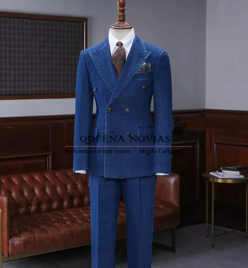 Man Tailor-made Double Breasted Suits Men Formal Party Denim Groom Wedding Tuxedo 2 Pieces (Jacket Pants) Male Dinner Clothing