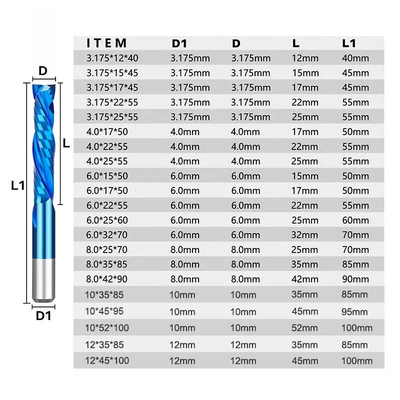 Compression Milling Cutter 3.175/4/6/8/10/12mm Shank Up Down Cut End Mill 2 Flute CNC Router Bits Carbide Milling Tools