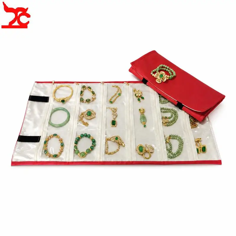 Red Leather 18 Girds Foldable Jewelry Roll Bag Portable Travel Earring Necklace Ring Organizer Pouch Bracelet Ear Stud Storage