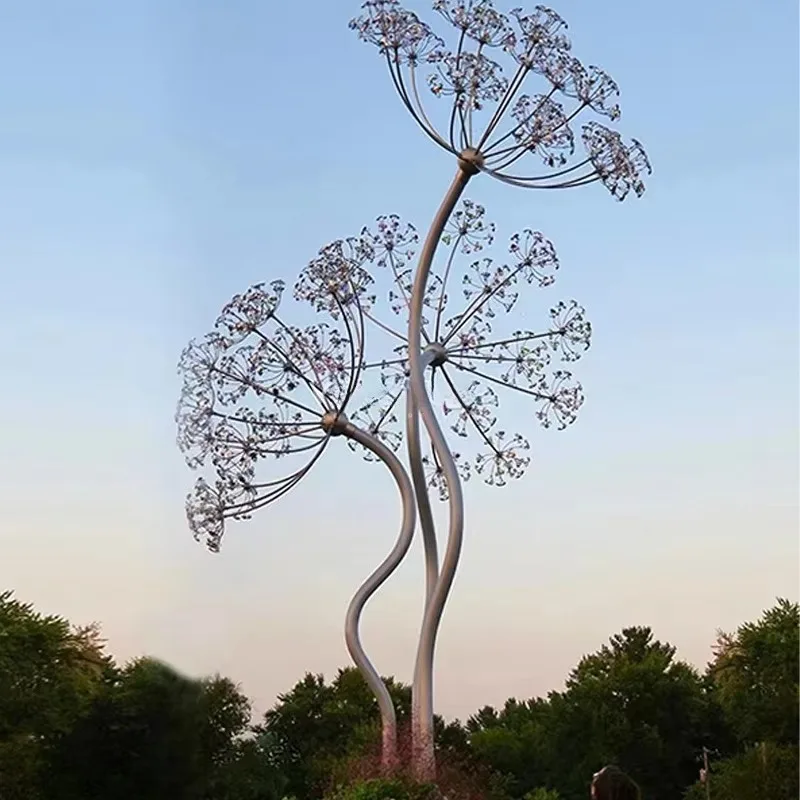 Triple Curved Stem Wire Frame Plant Sculpture Multi Branch Round Pod Cluster Large Square Park Outdoor Landscape Metal Ornament