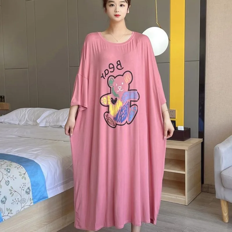 

150kg Plus Size Summer Nightgown Women Loose Long Homewear Sleepwear Dresses Oversize Cartoon Pajamas Short Sleeve Night Shirt