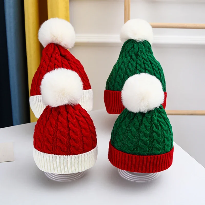 Dorosłe dzieci Świąteczna czapka z wełny Santa Winter Warm Crochet Beanies Skullcap Women Pompom Cap Bonnet New Year Party Xmas Gift 2 Size