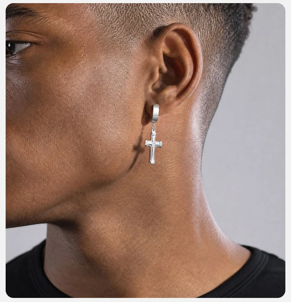 Vnox Kreuz-Creolen für Männer, Edelstahl Silberfarben 4-zackiger Stern Ohrhänger, Hip-Hop Kreuz-Schmuck Geschenk – Detail 3