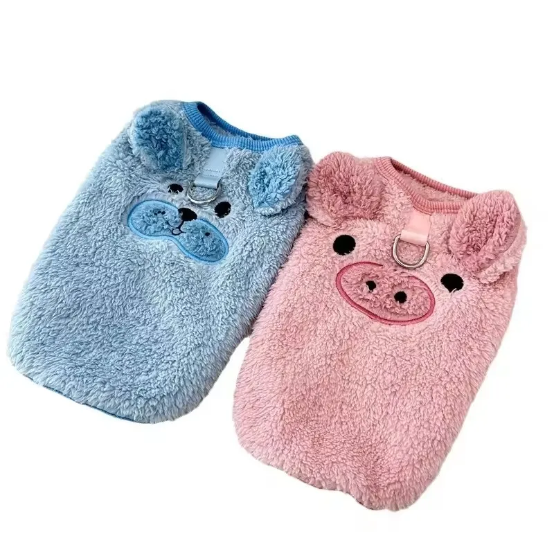 Winter Cat Dog Clothes with Buckle Sweet Pig Print Pet Plush Sweater for Small Dogs Pomeranian Chihuahua Puppy Vest Jacket