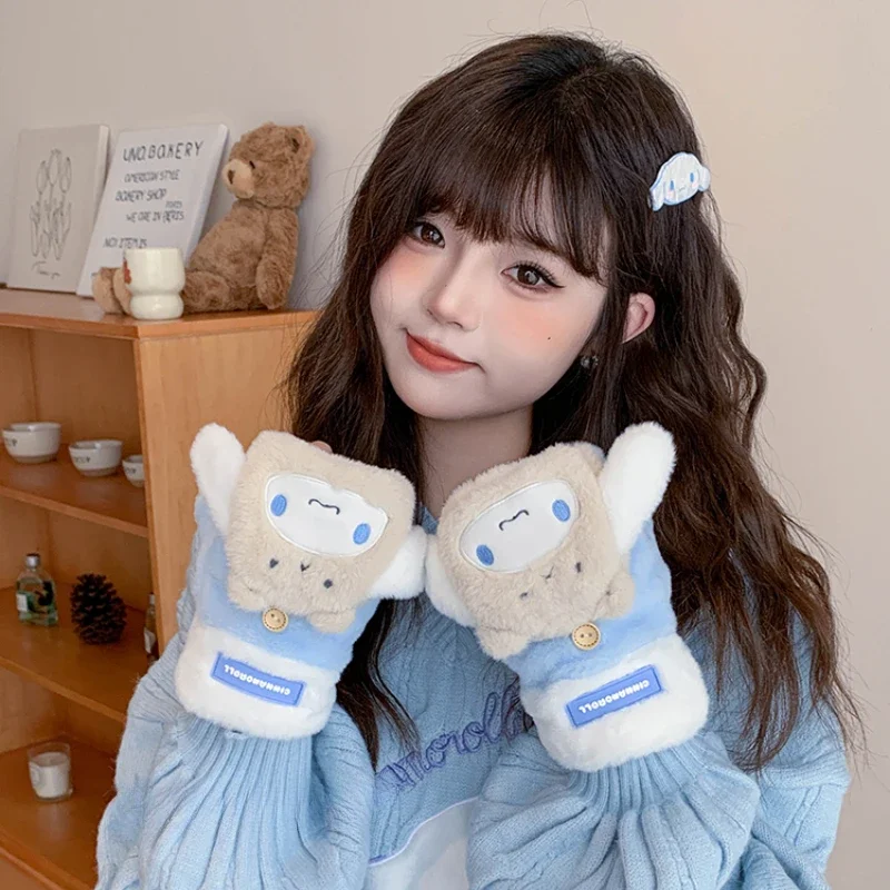 Sanrio My Melody Adult Plush Glove Kawaii Kuromi Gloves Flip Half Finger Cold-Proof Glove Screen Touch Warm Gloves Winter Gift