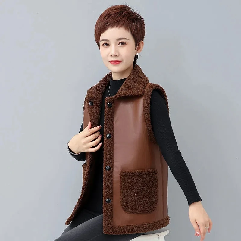 

Leather Vest Jacket Casual Patchwork Reversible Waistcoat For Women Autumn Winter Lapel Single Breasted Pocket Sleeveless Gilet