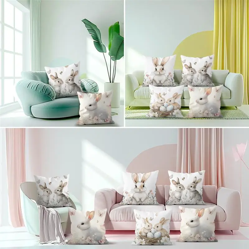 4pcs/Set Happy Easter Decoration Pillowcase Home Festive Flower Butterfly Rabbit Egg Print Living Room Sofa Cushion Cover