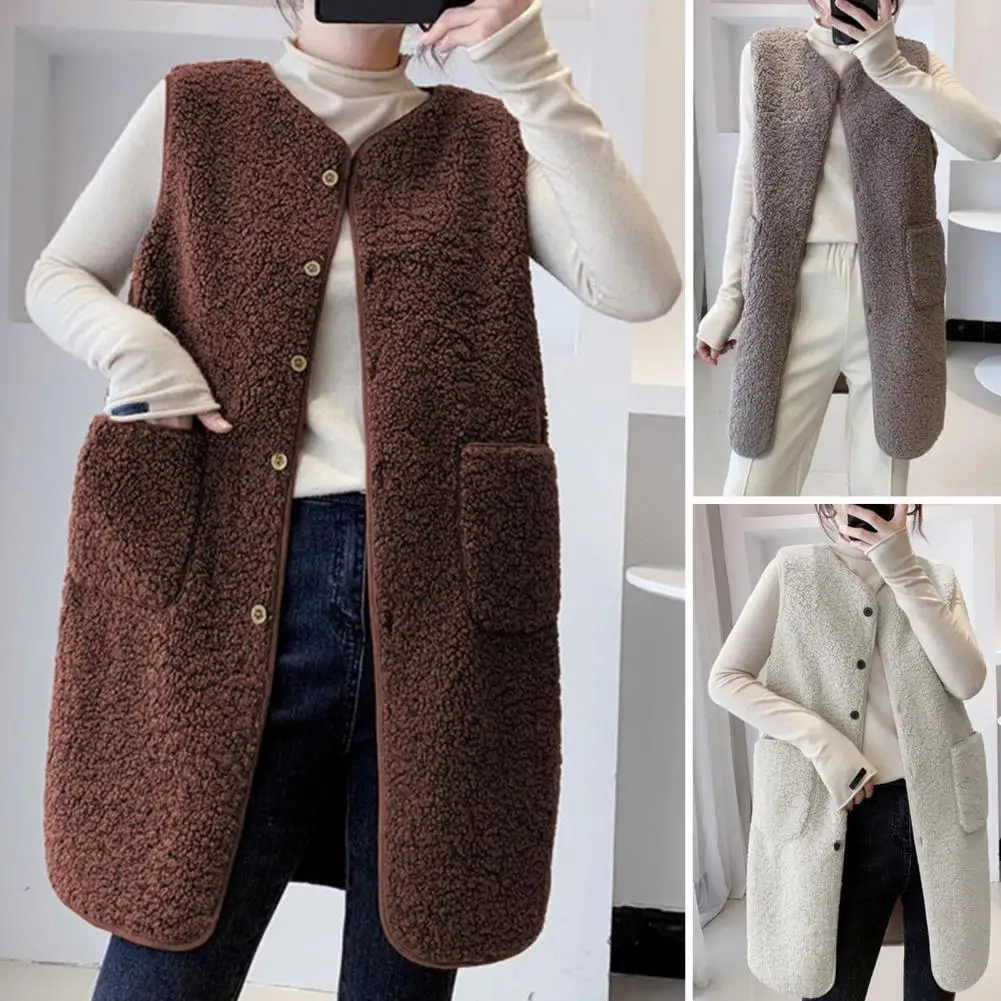 Fall Winter Women Vest Coat Round Neck Loose Mid Length Sleeveless Single-breasted Pockets Cardigan Warm Thick Outwear Waistcoat