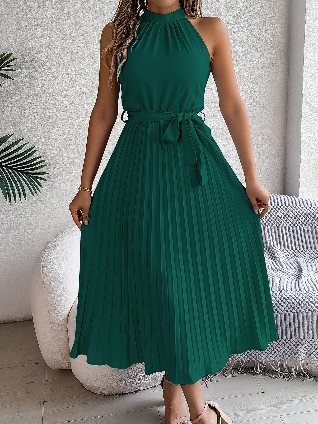 Spring Summer Vacation Sleeveless Pleated Long Dress Solid Dresses for Women Mother\'s Day