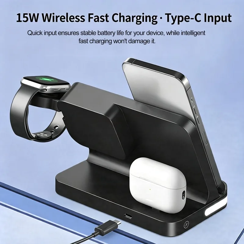 4-in-1 Desktop Clock Wireless Charger with Three-Level Adjustable Brightness LED Night Light Multi-functional Charging Station