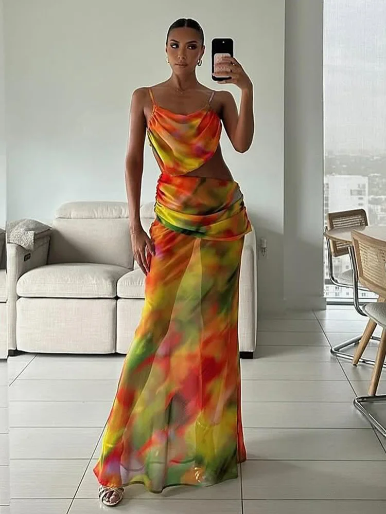 ZRTAK Sexy Wrap Around Cover Up Cut out Mesh Cover-ups Print Beach Long Dress Beathing Suit Beachwear Female Women Maxi Beach