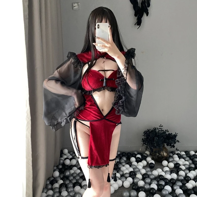 

Панк-готический Cheongsam, кружевное сексуальное женское белье для женщин, горничная, искушение, милый злой демон, комплект одежды для сна для косплея, эротический костюм Babydoll