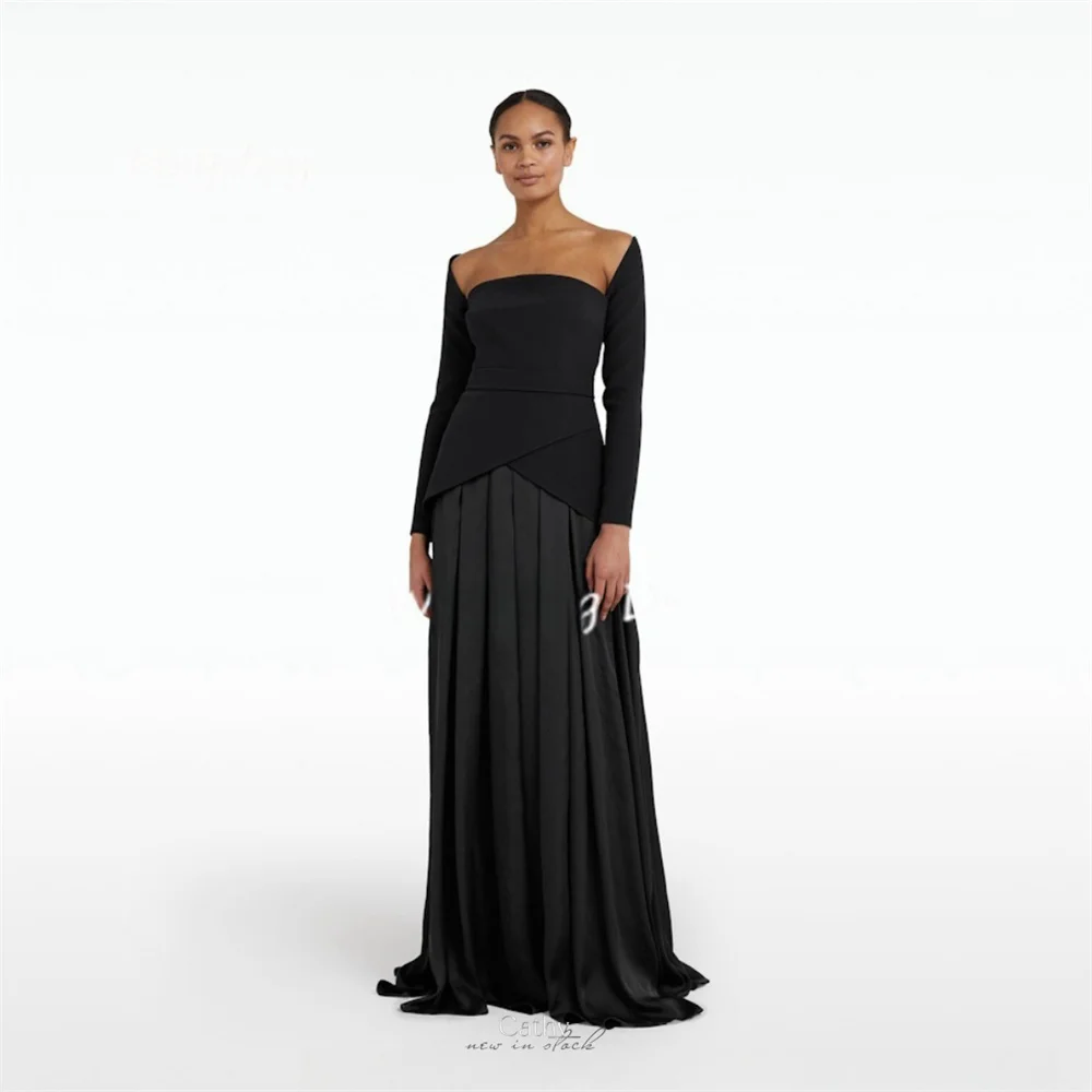 

Cathy Black Satin Prom Dresses Detachable Sleeves Sheath Style فساتين السهرة Elegant Floor-length Pleated Vestidos De Noche 2024