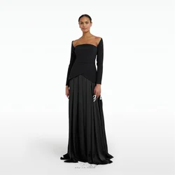 Cathy Black Satin Prom Dresses Detachable Sleeves Sheath Style فساتين السهرة Elegant Floor-length Pleated Vestidos De Noche 2024