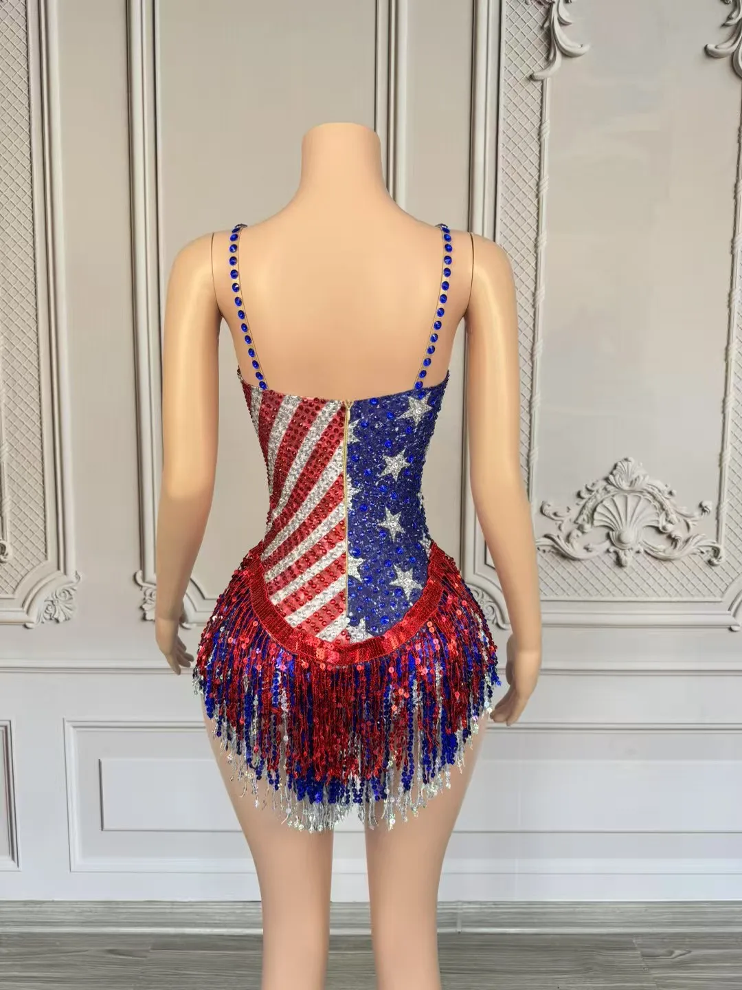 

Honglan Womens Sexy USA Flag Rhinestone Fringe Bodysuit Sleeveless Spaghetti Strap Sequined Bodycon Party Club Jumpsuit