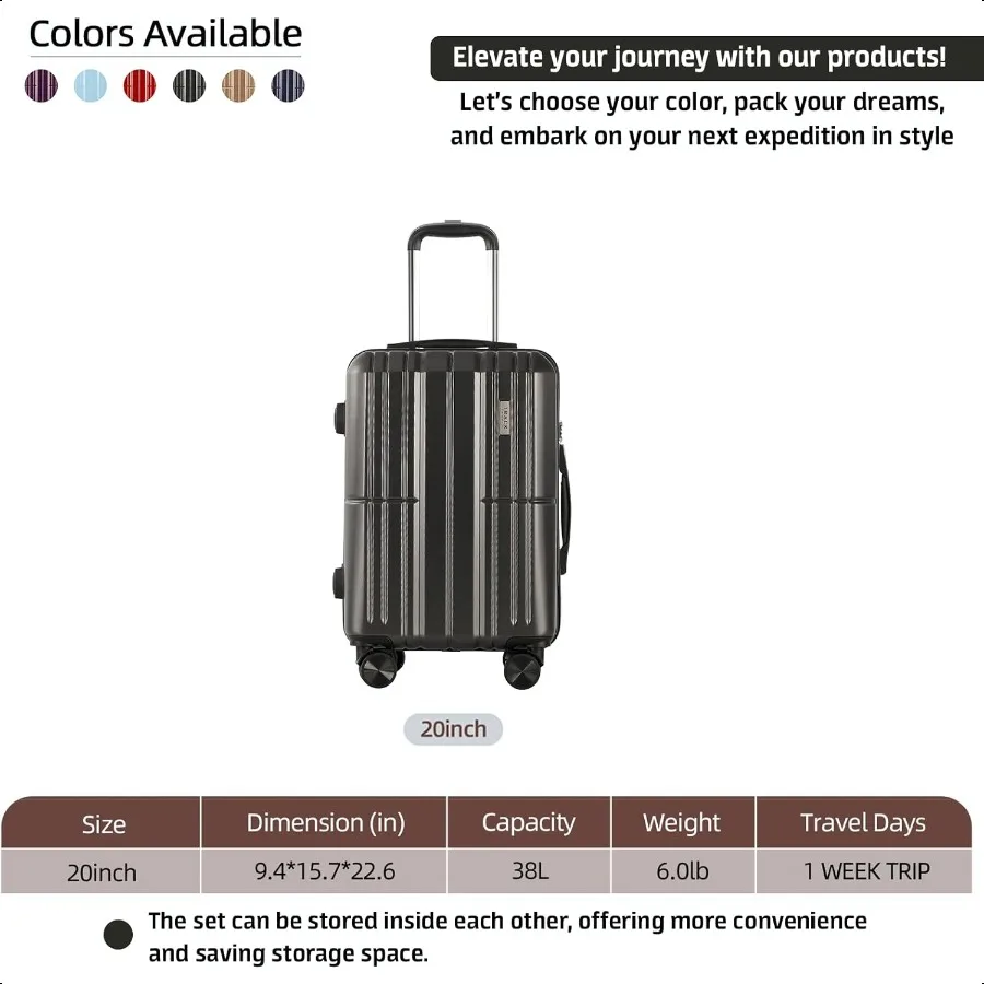 1 Piece Carry on Lage ABS+PC Hardshell TSA Lock Aluminum Trolley Spinner Wheels Dark Grey 1 Piece