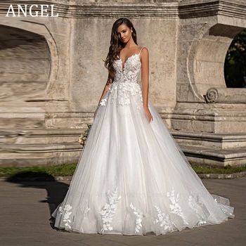 ANGEL Boho Glitter ชุดแต่งงานผู้หญิงที่กําหนดเอง Backless A-Line Appliques Vestido De Novia V คอ Tulle ชุดเจ้าสาว PLUS ขนาด