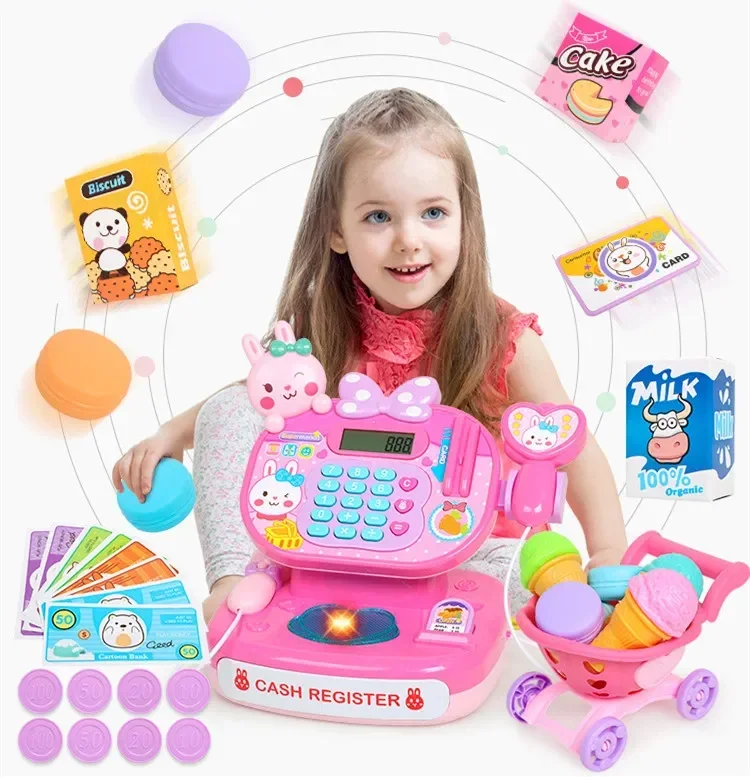 High Quality LED Lights supermarket cash register Simulate cashier shoping cart credit card Play house Interactive Toy baby gift