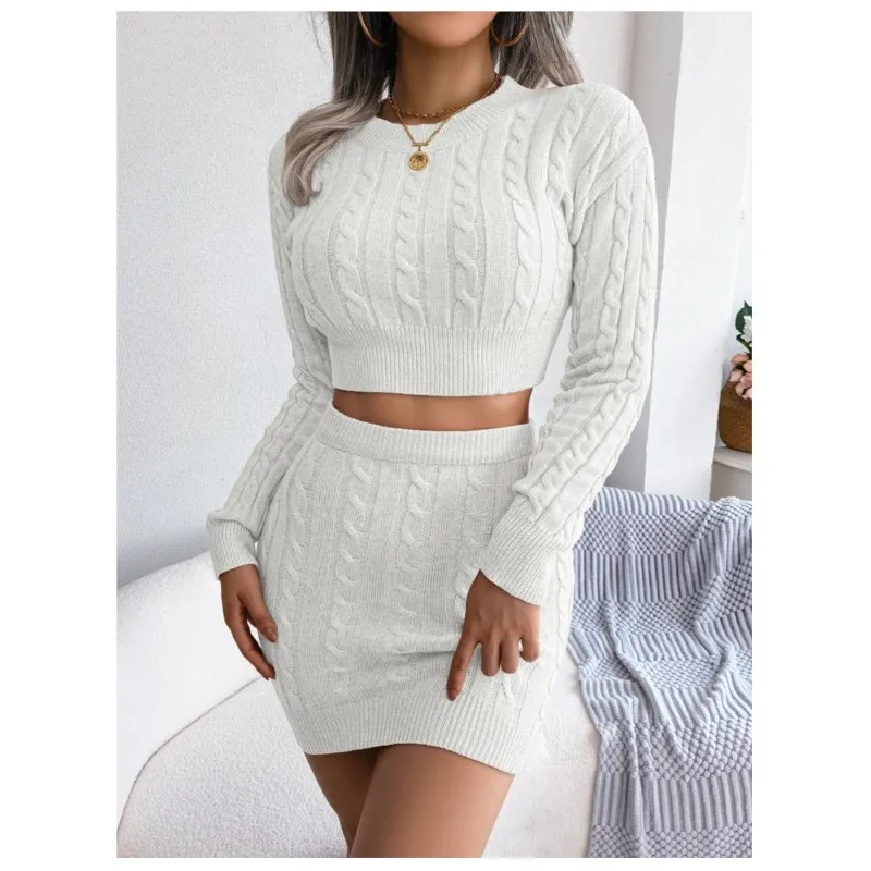 Autumn And Winter Fried Dough Twists Navel Revealing Sweater Buttock Knitting Skirt Women\'s Long Sleeved Top Slim Suit Skirt2024