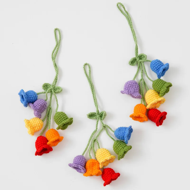 Crochet Rainbow Color Lily Pendant Hook Woven Creative Knitted Bag Decoration Gift  DIY Car Pendant One Leaf With 6 Flowers