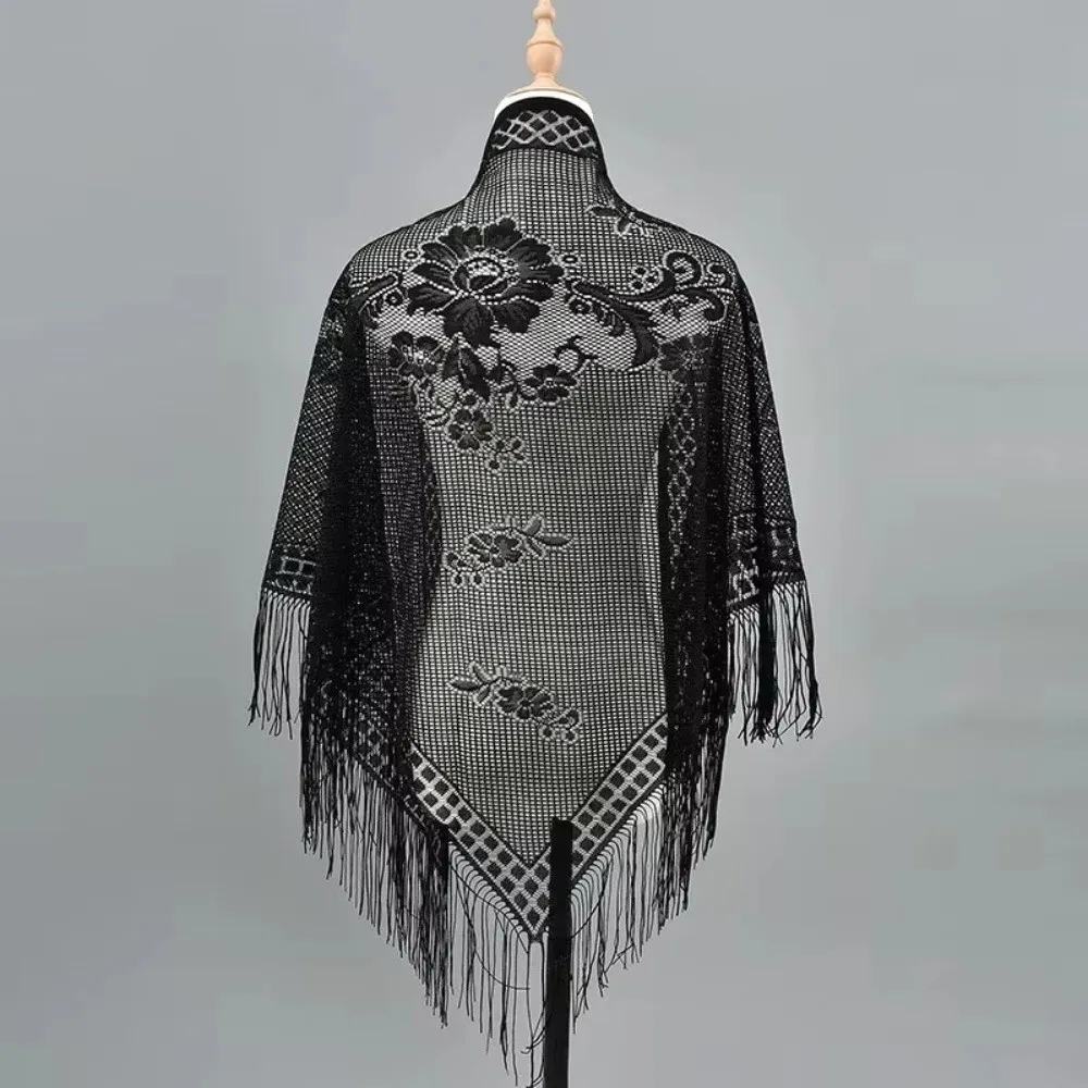 العصرية الأنيقة التطريز شال الجوف زهرة تصميم بلون وشاح من الدانتيل تنفس شرابة منديل النساء الملحقات #2