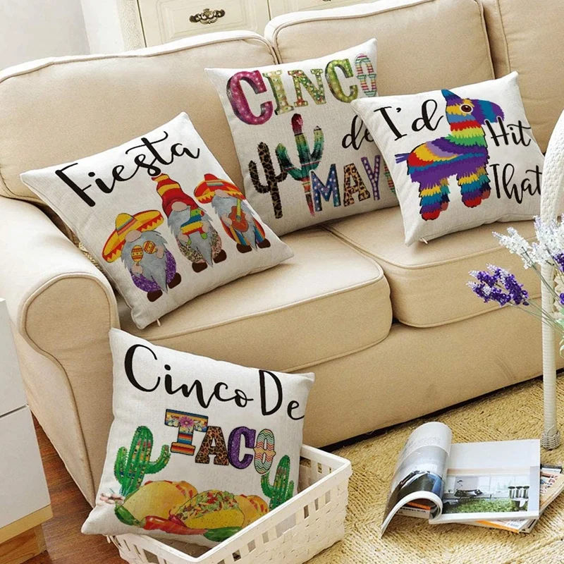 Cinco De Mayo Fiesta Sombrero Gnome Throw Pillow Cover, 18 X 18 Inch Cactus Donkey Pinata Cushion Case For Sofa Couch