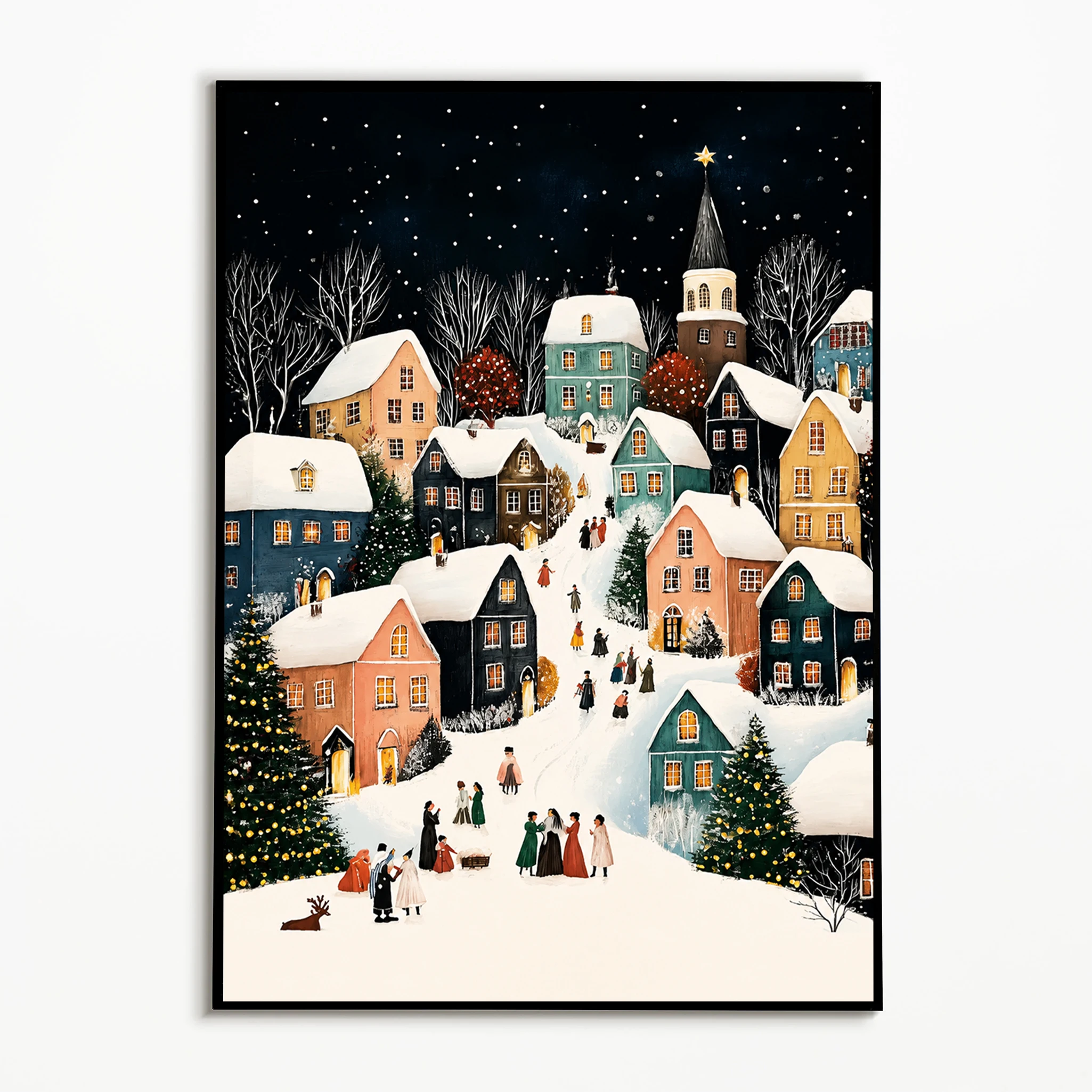 1pc frameless,1PC Christmas Snow Scene Poster Winter Fairy‑tale Night Town Wall Art Retro Canvas Printing Festival Gift Bedroom