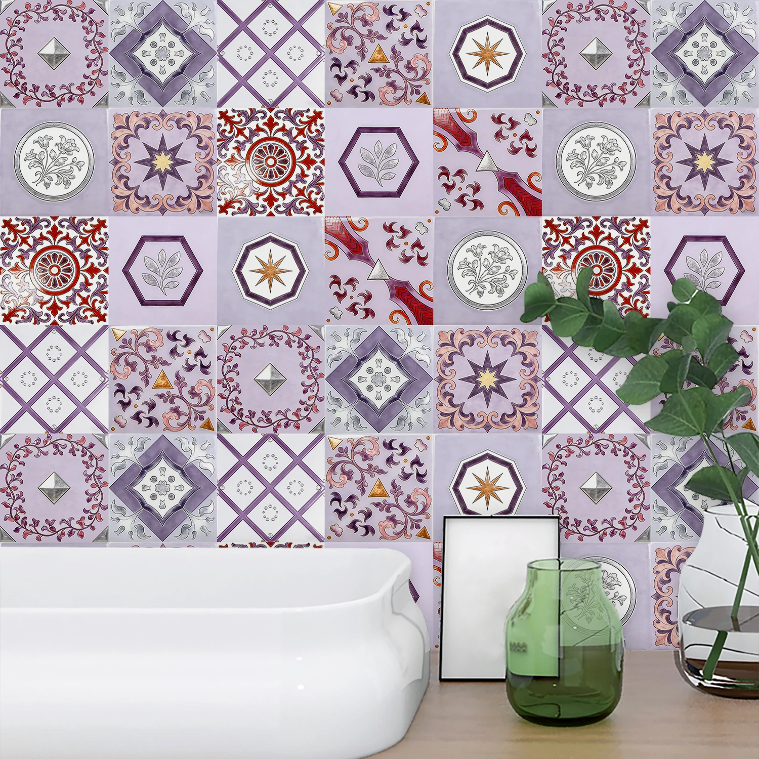 10pcs Spanish Style Light & Dark Purple Floral Tile Stickers Peel & Stick Kitchen Backsplash Bathroom Home Renovation Art Decals