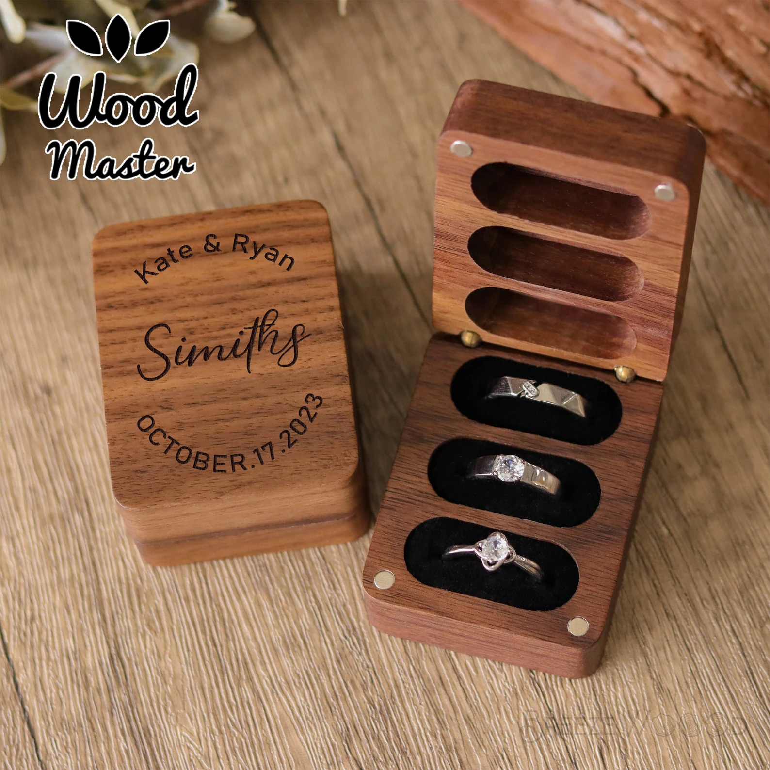 

Custom Wooden Engagement Ring Box - Personalized 3 Slots Ring Box, Wooden Ring Bearer Pillows, Wood Engraved Ring Box, Wood Prop