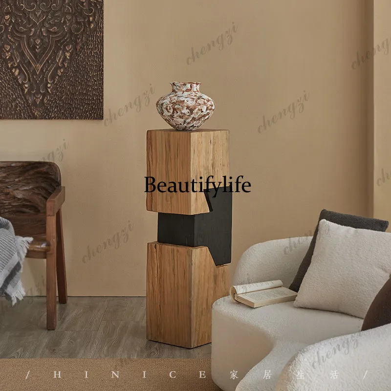 Wabi Silent Wind Color Matching Ornament Square Corner Flower Pile Pier Landscaping Solid Wood Column Decorative Shelf