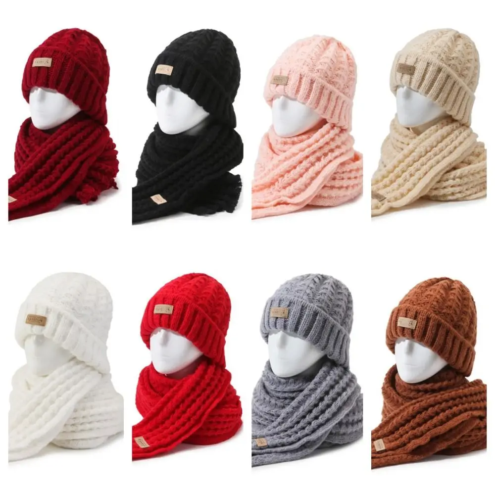 2Pcs Trendy Windproof Knitted Hat Scarf Korean Style Thicken Neck Guard Hat Set Simple Soft Warm Scarf Outdoor