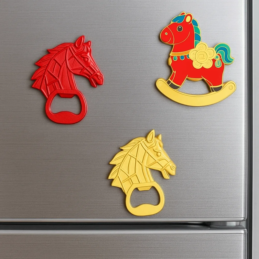 فتاحة زجاجات الحصان الإبداعية، تصميم محمول، ملصق ثلاجة مغناطيسي مبتكر، أحمر وذهبي، سهل الاستخدام
