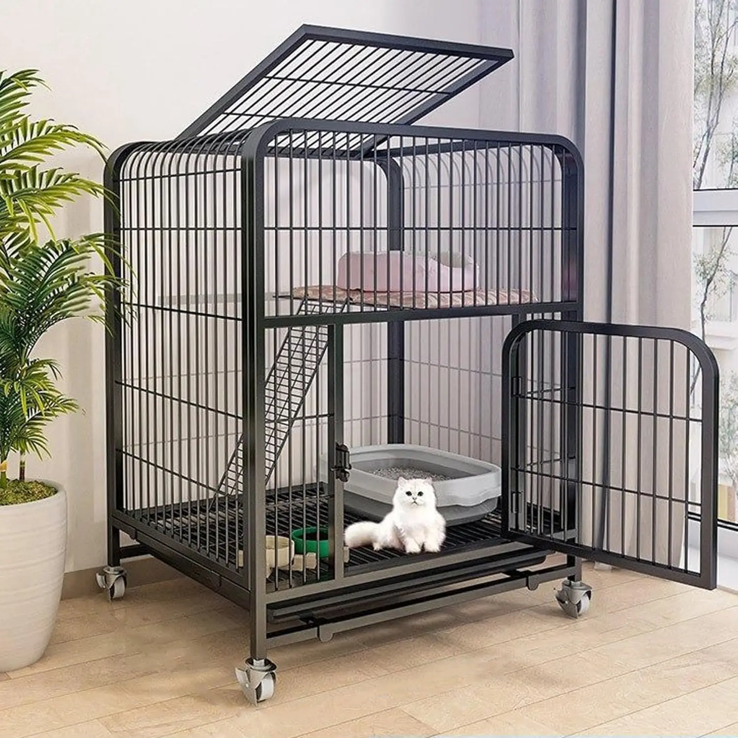 

Cat Cage, Cat Crate with Universal Wheels, Cat Kennels for Indoor Cats Playpen Pet Enclosure Villa Condo for Small, Customized