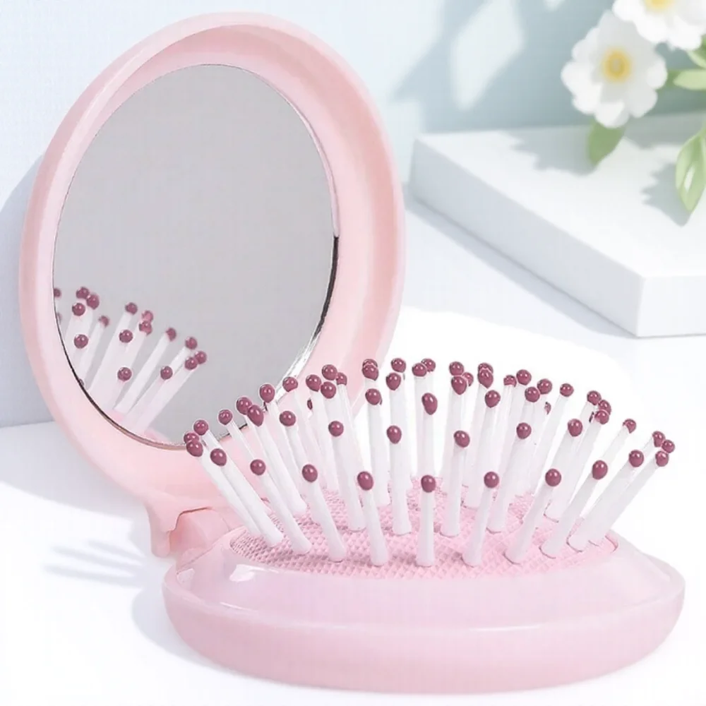 

Портативное складное зеркало-расческа, розовое дорожное компактное зеркало с расческой, инструмент для укладки волос, красота