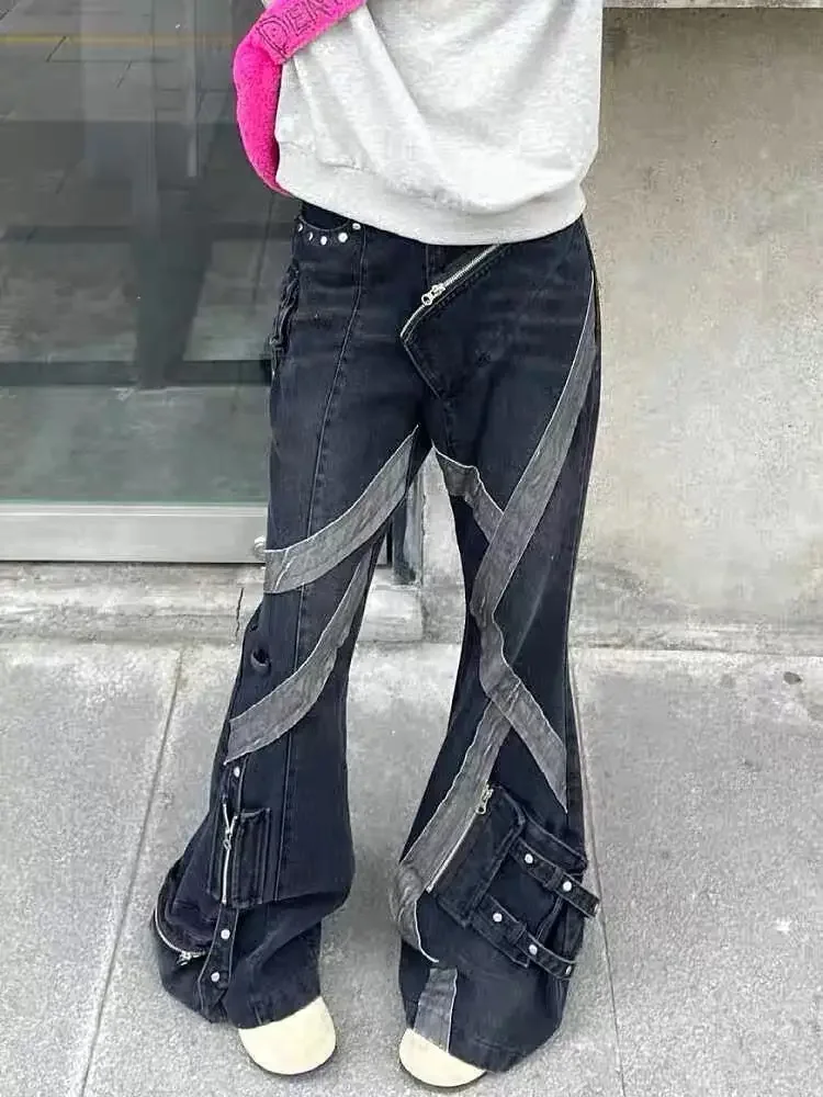 American Retro Streetwear Vintage Zipper Splicing Micro Flared Jeans Women Y2k Slim Multi Pocket Straight Wide Leg Denim Pants