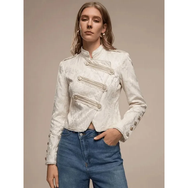 Vintage Street Jacquard Cropped Jacket Women Napoleon Style Metal Single Breasted Long Sleeve Frayed Trim Casual Lady Outerwear