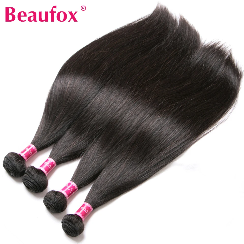 Beaufox-Peruvian Straight Pacotes de cabelo humano com fechamento, extensões naturais de cabelo preto, cabelo virgem, 3 Pacotes