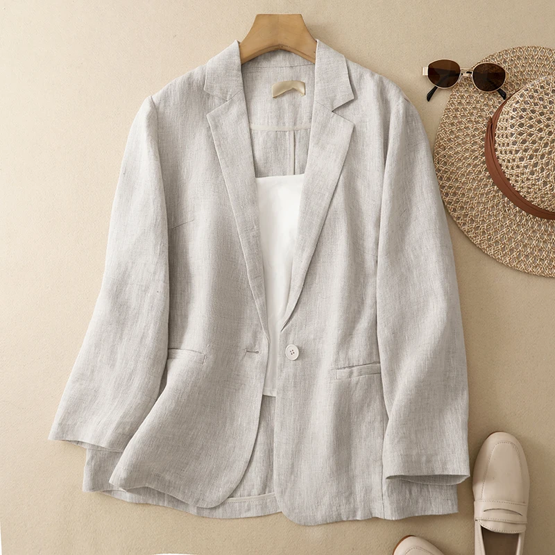 Women's Casual Cotton Linen Thin Outerwear Spring Autumn Long Sleeve Pure Color Top Fashionable Versatile Lightweight Jacket