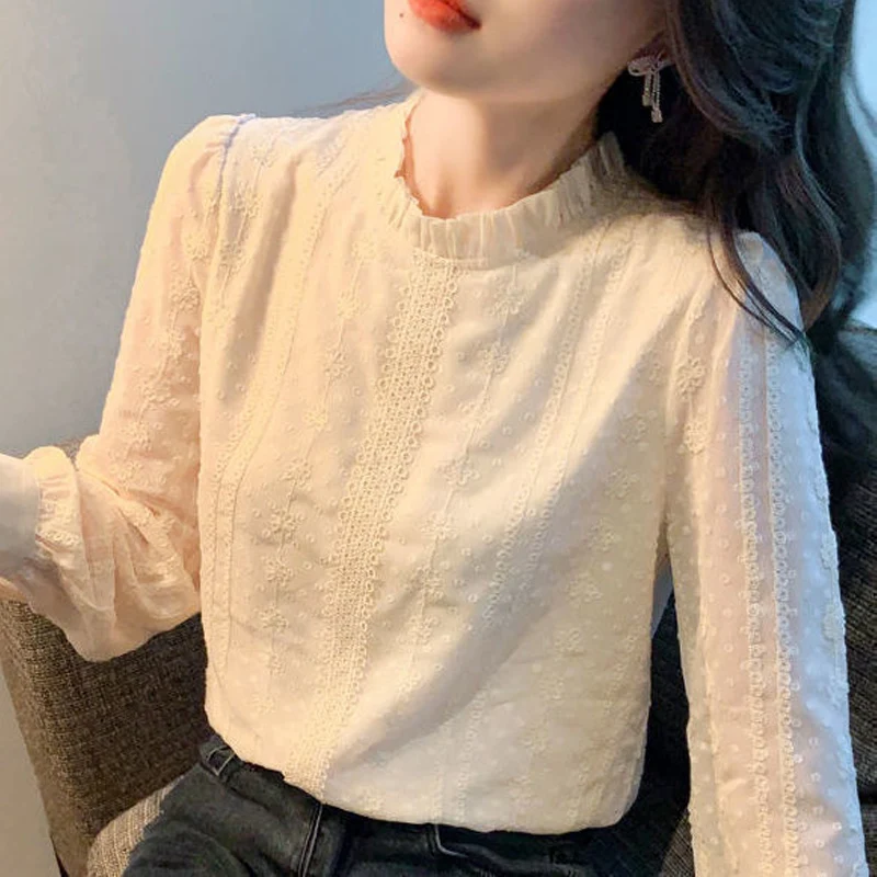 Fashion Embroidered Lace Solid Color T-shirt Women New Classic Long Sleeve Office O-collar Chiffon Temperament Pullover Shirt