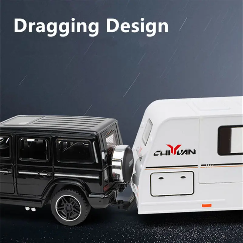 1/32 Alloy Trailer RV Car Model Diecast Metal Recreational Off-road Vehicle Truck Camper Car Model Sound and Light Kids Toy Gift