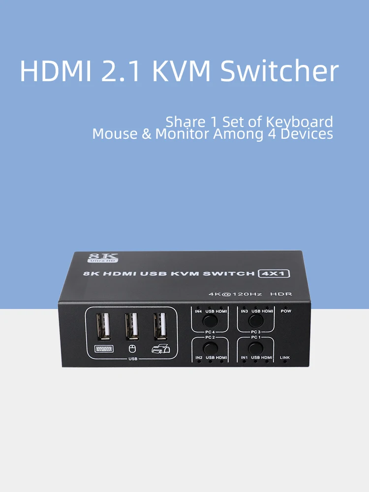 4K 60Hz 8K 120Hz HDMI KVM Switch 2x1 4x1 HDMI USB Switch Selector with Desktop Controller for 4 PC Share Printer Mouse Keyboard