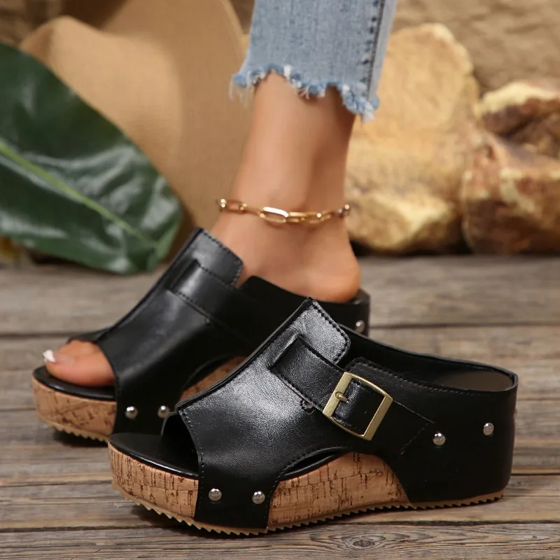 

2026 Women Sandals Fashion Cork Wedge Mule Sandal for Women Simple Leather Open Toe Slides with Color Comfortable Metallic Shoes