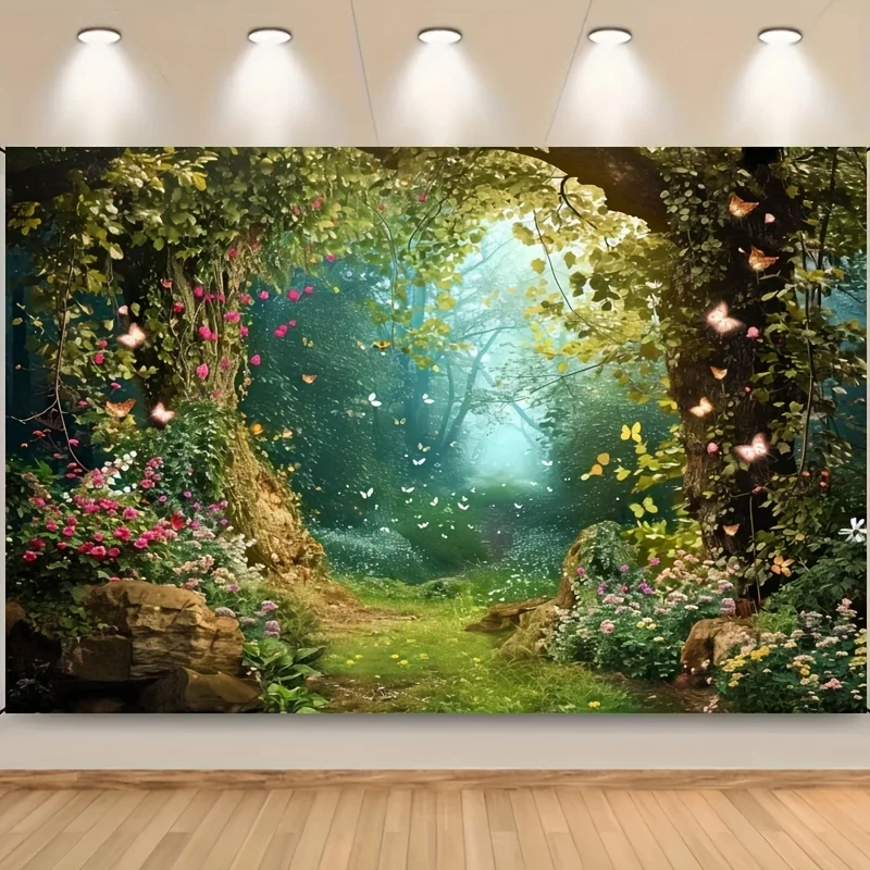 Charming forest polyester photography background, fairy tale fairyland mushroom flower butterfly background