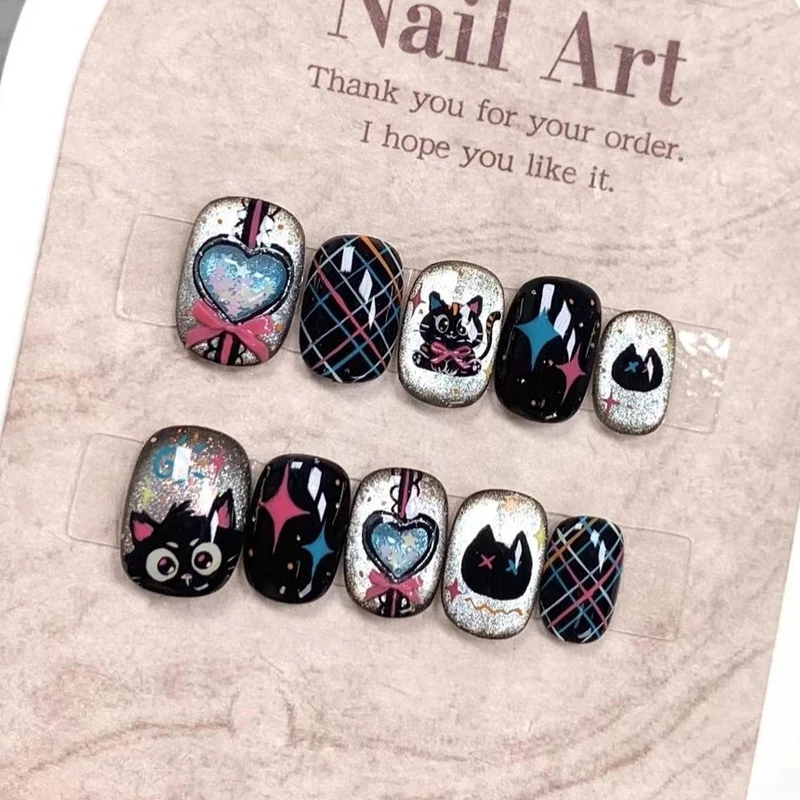 10 Stück kurze, ovale, schwarze, niedliche Katzen-Press-on-Nägel, wiederverwendbare, abnehmbare Nagel-Patches, künstliche Nägel, Nagelkunst-Aufkleber – Detail 4