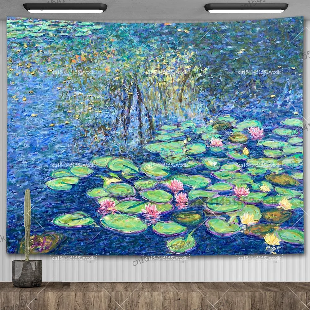 Pintura al óleo de lirio de agua de Claude Monet, tapiz colgante de pared, decoración de habitación estética, obra de arte, tapiz de paisaje,