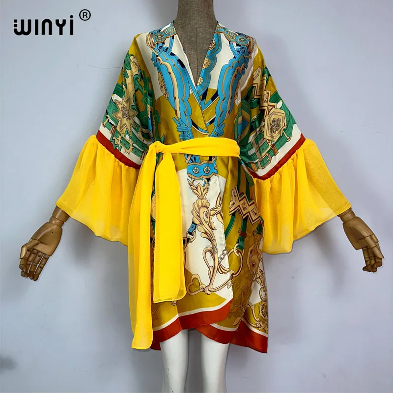 WINYI kimono Bohemia print Self Belted dress Women Elegant Summer holiday Bubble sleeve cardigan beach Wear Swim Suit cover up