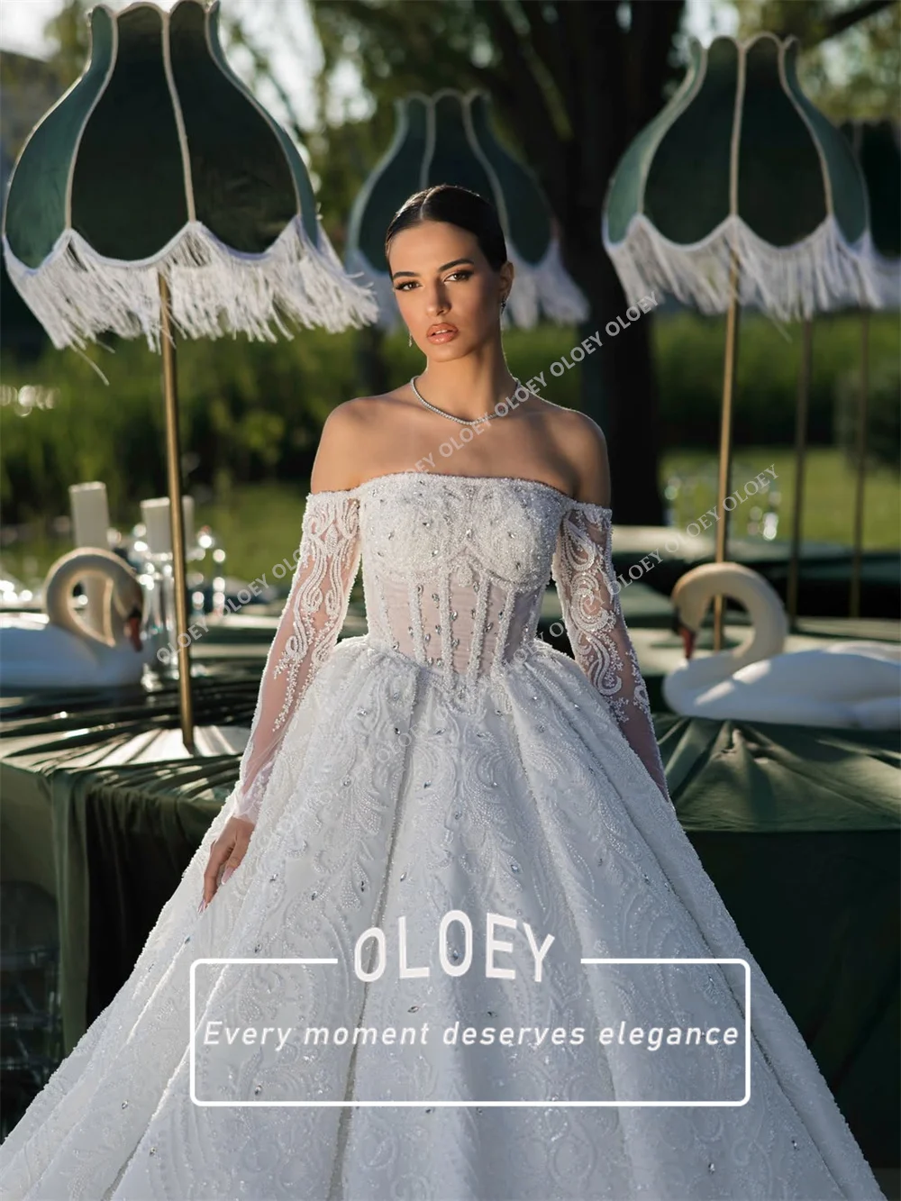 OLOEY Luxury Beaded Crystals Princess Wedding Dress with Sleeves A-Line Puffy High-End Bridal Gown Customized Vestido De Noiva