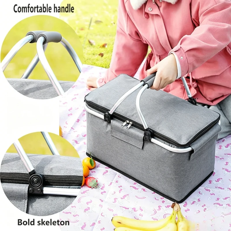 Foldable Large Capacity Insulated Picnic Bag, Portable Handheld Cooler Bag, Thermal Lunch Box for Camping, Travel & Food Storage view 6